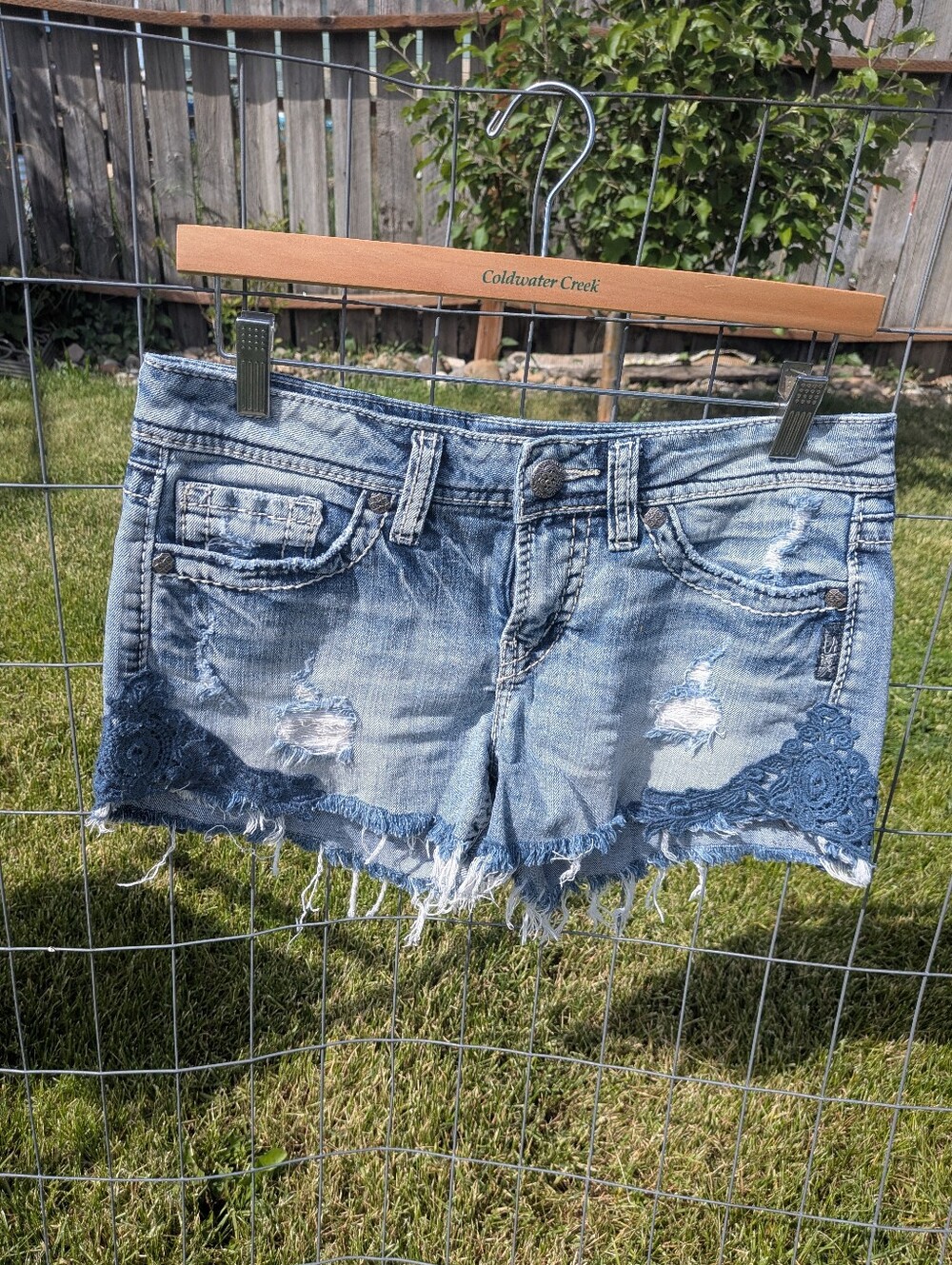 Silver Women's Shorts In Size 29, Cutoff With Blue Lace Detailing